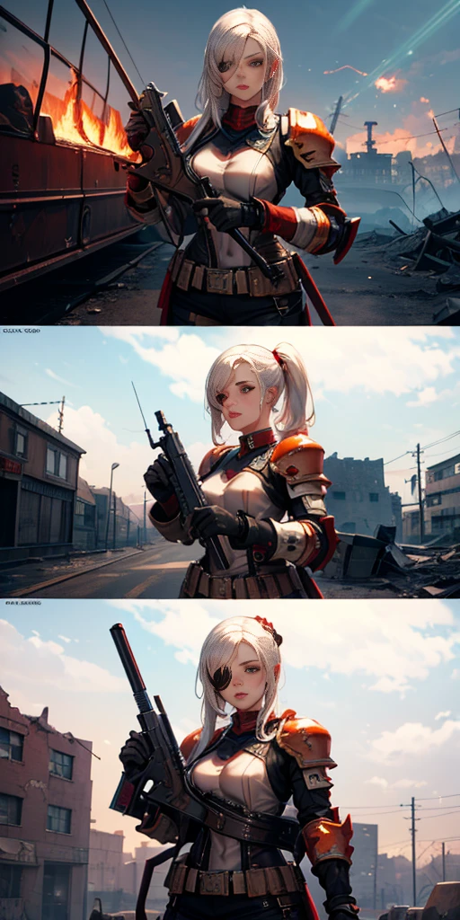 (masterpiece:1.2), (best quality:1.2), perfect eyes, perfect face, perfect lighting, 1girl, mature whsororitas with a laser rifle in her hands, scar over one eye, eyepatch, red tabard, white hair, warhammer 40k, chaos, fire, scifi, detailed ruined city background, power armor