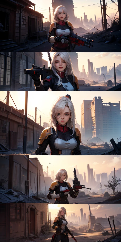 (masterpiece:1.2), (best quality:1.2), perfect eyes, perfect face, perfect lighting, 1girl, mature whsororitas with a laser rifle in her hands, scar over one eye, eyepatch, red tabard, white hair, warhammer 40k, chaos, fire, scifi, detailed ruined city background, power armor