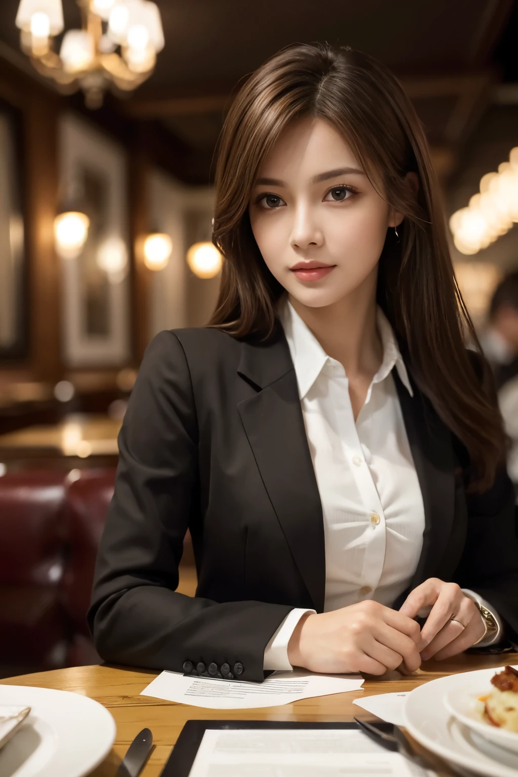 masterpiece, highest quality, Realistic, Very detailed, Finer details, High resolution, 8k wallpaper, One beautiful woman, Wear casual business attire, In a great restaurant, At night, Light brown messy hair, Perfect dynamic composition, Beautiful and beautiful eyes