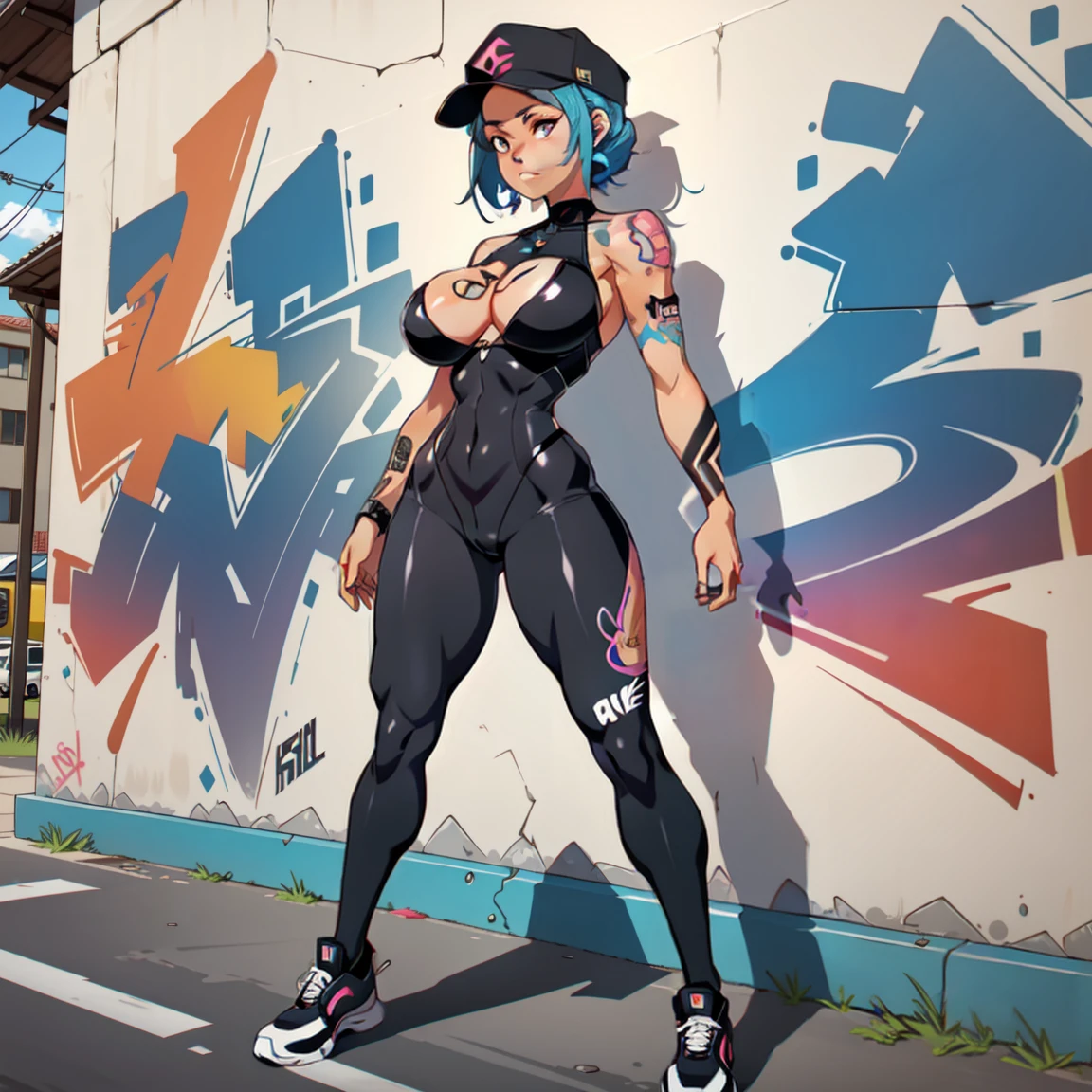 anime style, graffiti woman, graffiti on the wall, seminude against the wall, side cap, bright colors, good figure, good curves, highest quality tattoos, ultra detailed, ((gorgeous and full tattooed breasts)), cameltoe, 8K, full body.