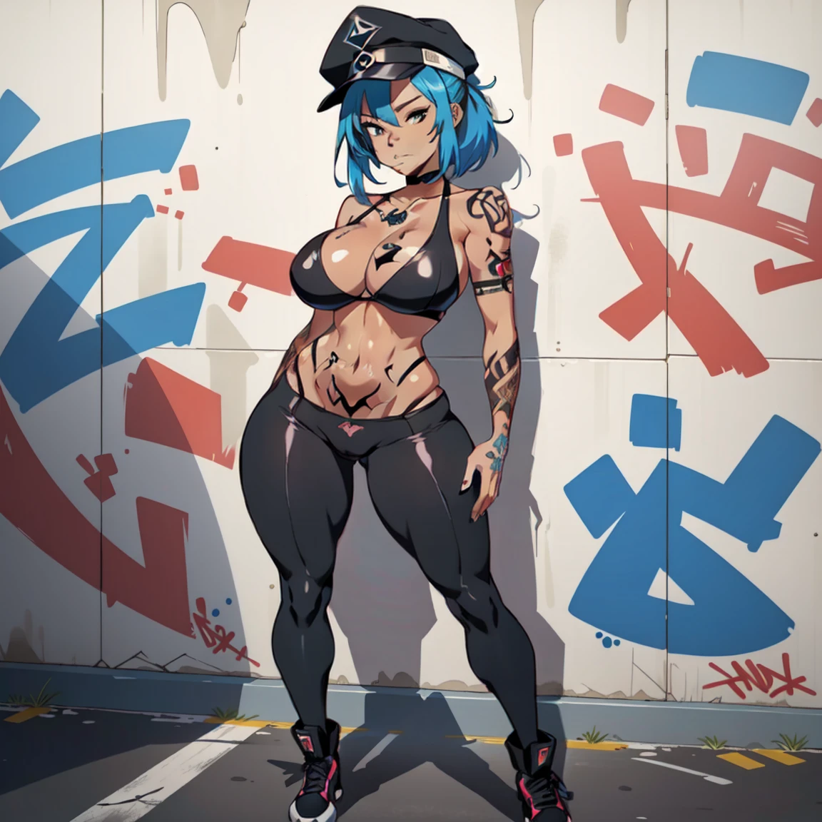 anime style, graffiti woman, graffiti on the wall, seminude against the wall, side cap, bright colors, good figure, good curves, highest quality tattoos, ultra detailed, ((gorgeous and full tattooed breasts)), cameltoe, 8K, full body.