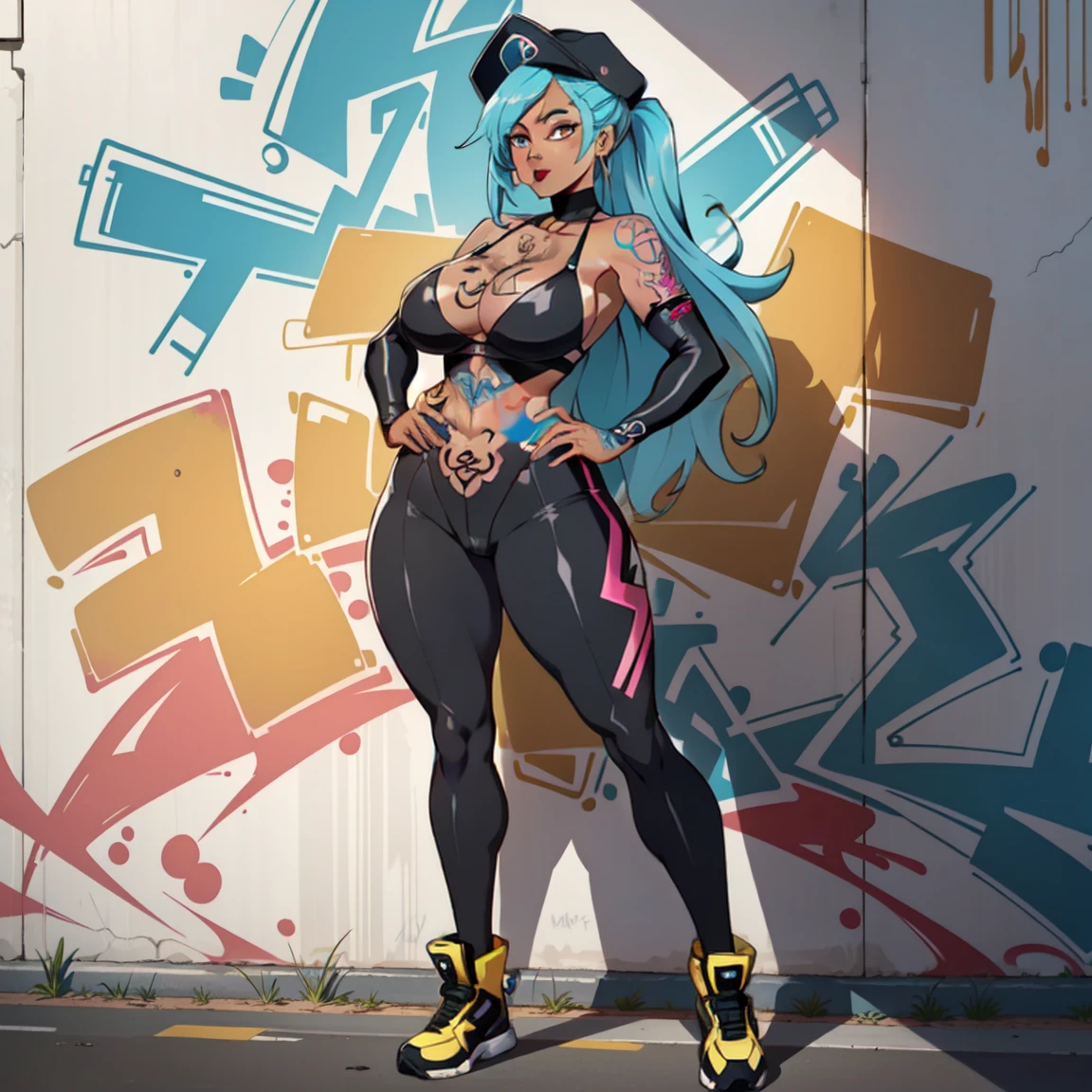 anime style, graffiti woman, graffiti on the wall, seminude against the wall, side cap, bright colors, good figure, good curves, highest quality tattoos, ultra detailed, ((gorgeous and full tattooed breasts)), cameltoe, 8K, full body.