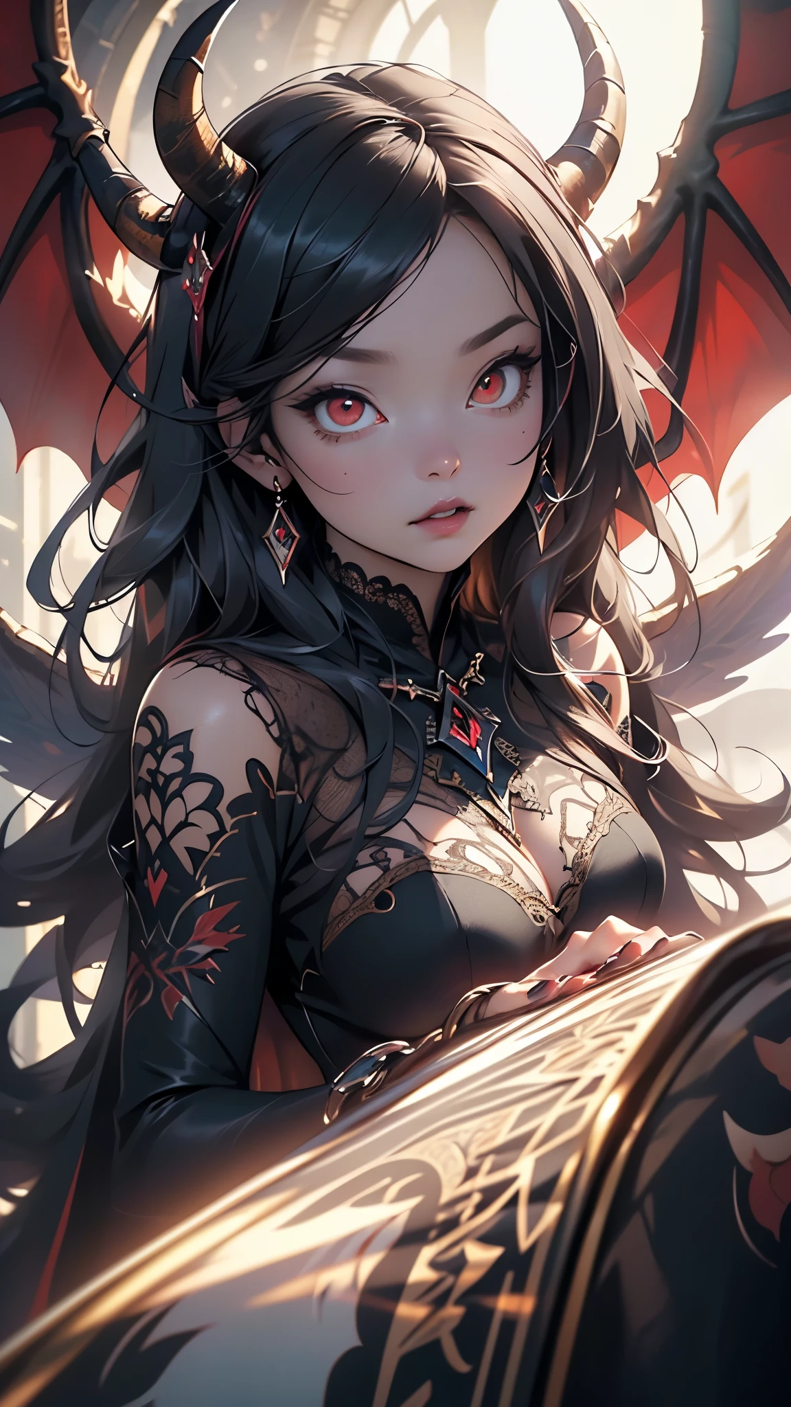 ((demon girl)),rpg,((big claws)),((devil with big horns)), ((wings)),(demon armor),((blood splashes)),skull on the ground,((blood ritual)),elegant regal succubus,((black lipstick, long black hair:1.5, red eyes)), seductive expression,((evil demeanor)),
((sultry gaze, luxurious black gown)), elaborate headpiece,((ethereal aura, intricate lace details)),
alluring charm, dark seduction, captivating beauty, hypnotic presence, divine sensuality, enchanting temptress, seductive power, mesmerizing allure, forbidden desires, bewitching enchantment, seductive aura, tempting spell, mythical creature, otherworldly beauty, seductive darkness, mesmerizing gaze, supernatural elegance, sensual mystique, intoxicating presence, irresistible grace, magnetic attraction,
indoor,((medieval tavern)),scenery:1.25,((medieval tavern background)),
(Glossy tribal ornaments),highres,sharp focus,(ultra detailed,extremely detailed),(photorealistic artwork:1.37),(extremely detailed CG unity 8k wallpaper),(((vibrant colors,vibrant theme))),(intricate),(masterpiece),(best quality),artistic photography,(photography taken by sldr),(intricate background),perfect rendered face,perfect face details,realistic face,photo realistic,((intricate detail)),(((realism))),