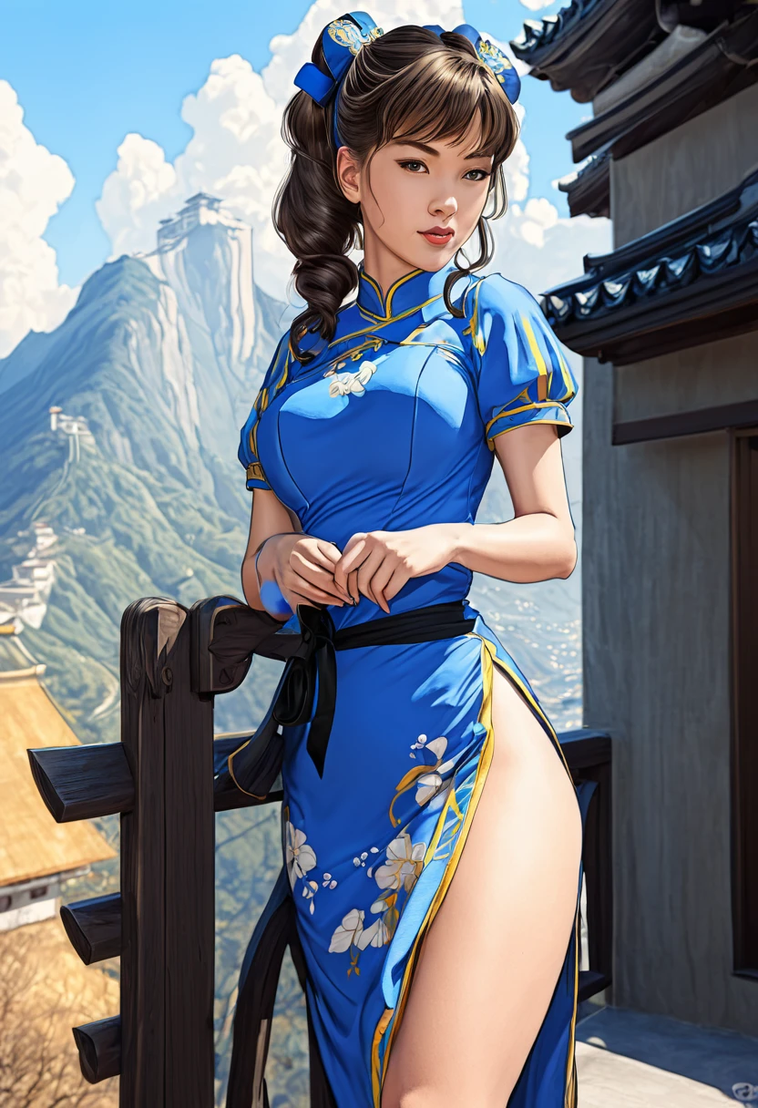 4k, digital drawing, Comic Babes, a woman in a blue dress standing on a balcony overlooking a mountain, cute anime waifu in a beautiful dress, Seductive anime girl, portrait of chun-li, Chun-Li, Yoshitomo Nara, portrait of Chun-Li, Chun-Li, chun-li, anime moe art style, in a blue qipao