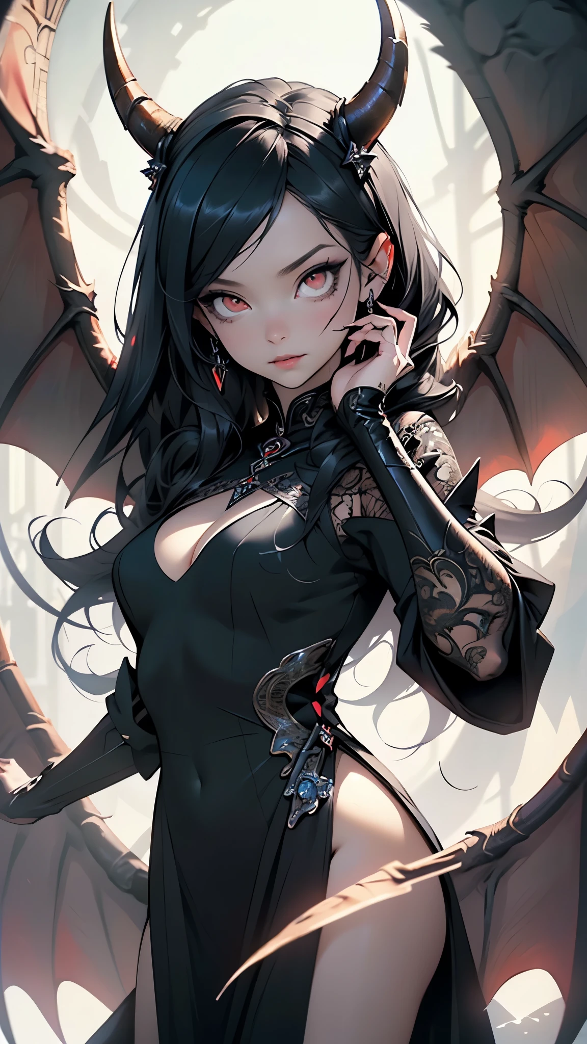 ((demon girl)),rpg,((big claws)),((devil with big horns)), ((wings)),(demon armor),((blood splashes)),skull on the ground,((blood ritual)),elegant regal succubus,((black lipstick, long black hair:1.5, red eyes)), seductive expression,((evil demeanor)),

((sultry gaze, luxurious black gown)), elaborate headpiece,((ethereal aura, intricate lace details)),

alluring charm, dark seduction, captivating beauty, hypnotic presence, divine sensuality, enchanting temptress, seductive power, mesmerizing allure, forbidden desires, bewitching enchantment, seductive aura, tempting spell, mythical creature, otherworldly beauty, seductive darkness, mesmerizing gaze, supernatural elegance, sensual mystique, intoxicating presence, irresistible grace, magnetic attraction,

indoor,((medieval tavern)),scenery:1.25,((medieval tavern background)),

(Glossy tribal ornaments),highres,sharp focus,(ultra detailed,extremely detailed),(photorealistic artwork:1.37),(extremely detailed CG unity 8k wallpaper),(((vibrant colors,vibrant theme))),(intricate),(masterpiece),(best quality),artistic photography,(photography taken by sldr),(intricate background),perfect rendered face,perfect face details,realistic face,photo realistic,((intricate detail)),(((realism))),
