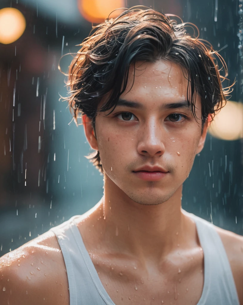 8k, masterpiece, best quality, style chinese, surreal dramatic lighting shadow, (lofi, analog), kodak film by Brandon Woelfel Ryan McGinley,
background is wet tshirt (water drops:1.2), splash detailed,
1girl, perfect male face, perfect eye, looking at viewer, (Authentic skin texture:1.3)