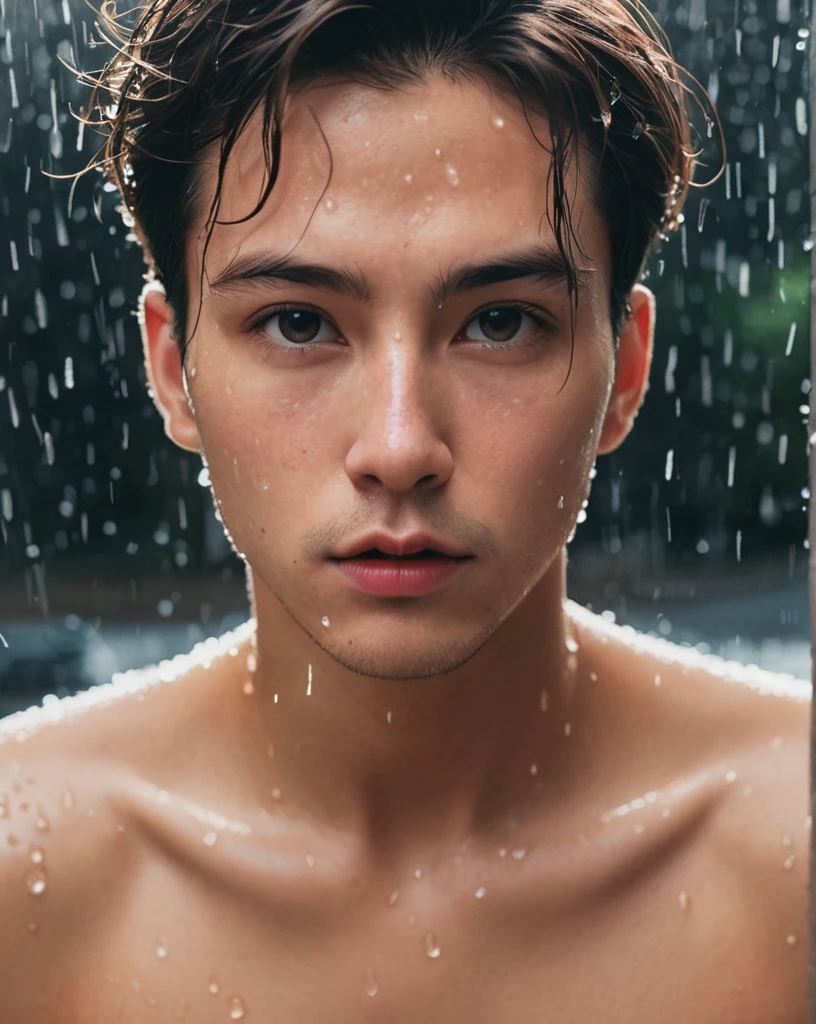 8k, masterpiece, best quality, style chinese, surreal dramatic lighting shadow, (lofi, analog), kodak film by Brandon Woelfel Ryan McGinley,
background is wet tshirt (water drops:1.2), splash detailed,
1girl, perfect male face, perfect eye, looking at viewer, (Authentic skin texture:1.3)