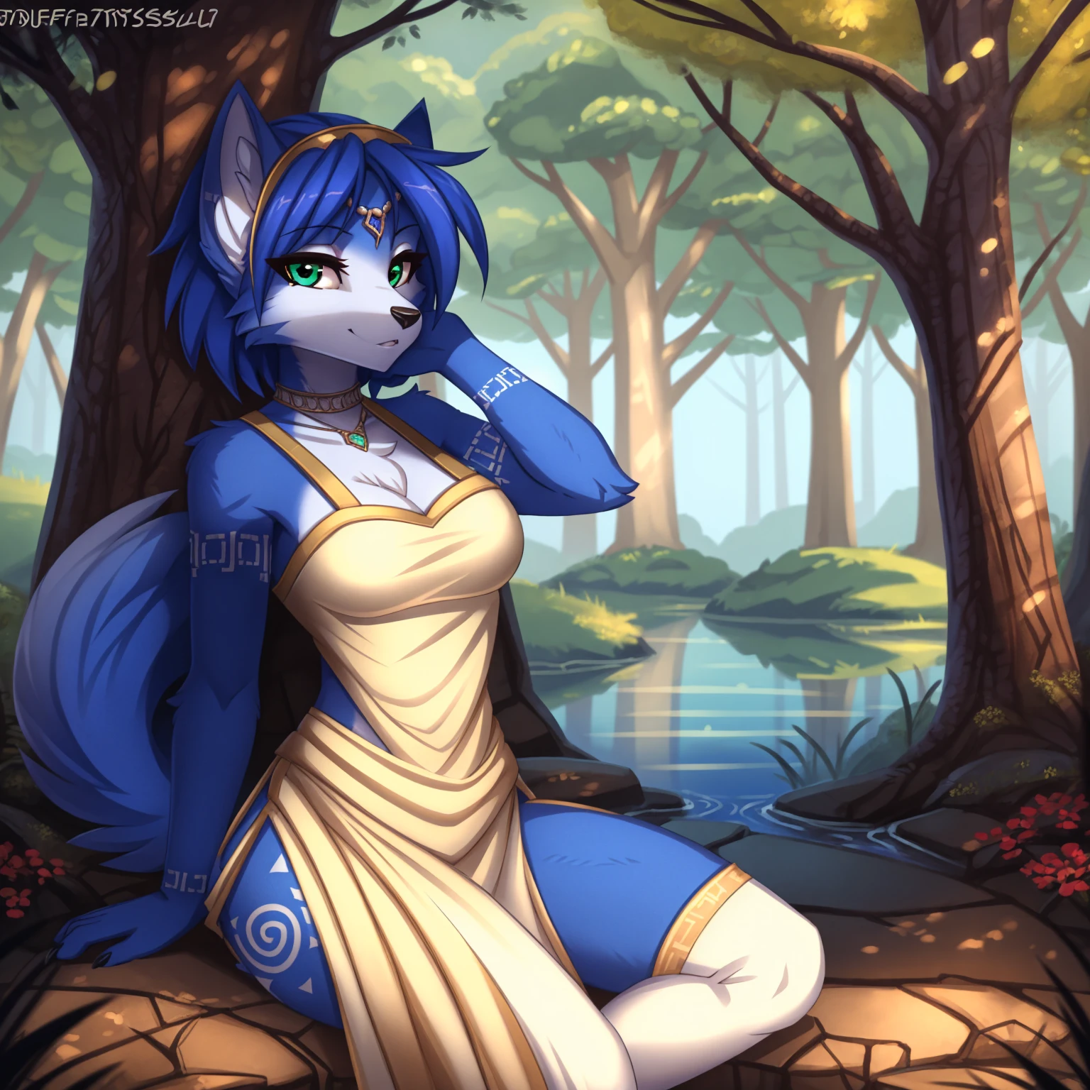 By zinfyuu on pixiv,by twistedscarlet60, uploaded on pixiv, by fluff-kevlar, (masterpiece), (best quality), (anthro furry:1.3, snout:1.2, anthro:1.3, furry:1.2, solo female:1.2), (extremely detailed:1.3), (green_detailed_eye), absol, wearing white dress, sfw, forest, sitting, lake, nature beauty, view on viewer, krystal