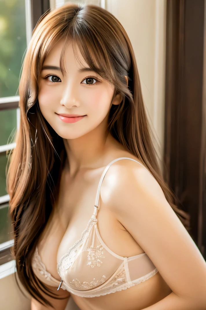 (((8k,Attention to detail,Attention to detail、highest quality,masterpiece,Attention to detail,))),RAW Photos & Realistic atmosphere,Beautiful dark eyes,Mouth Details,Glossy Lips,Thin eyebrows,beautiful Eyes、Soft white skin that shines in every detail、Her deep black eyes are very beautiful, Very beautiful face,Very beautiful face、A vivid face,beautiful, Glowing Lips,beautiful Eyebrows,Infinite Reality, Realistic Young Gravure Idol,Very cute woman , Young Gravure Idol, Young Gravure Idol, とても美しくてかわいいbeautiful 21 year old beauty,Incredibly beautiful and elegant,beautiful 21 year old beauty,Natural soft light,A little brown hair,(Shiny Hair,,beautiful and kind eyes:1.5),A kind smile,Shapely breasts,Medium Long Hair,beautiful posture,No makeup,Watching the Future,In underwear,