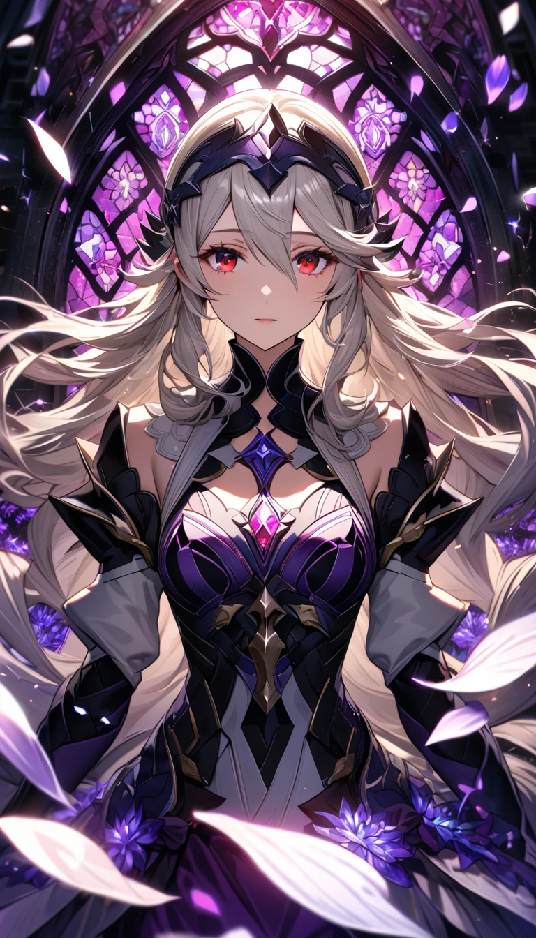Ultra detailed, Highres, absurdres, HDR, Corrin, white long hair, master piece, expressive red eyes, Fire Emblem Fates, purple stained glass, purple ice flowers, purple ice, petals, extremely beautiful, woman, perfect face, solo, very detailed eyes and face, purple glass, glittering, extremely pretty, patterns