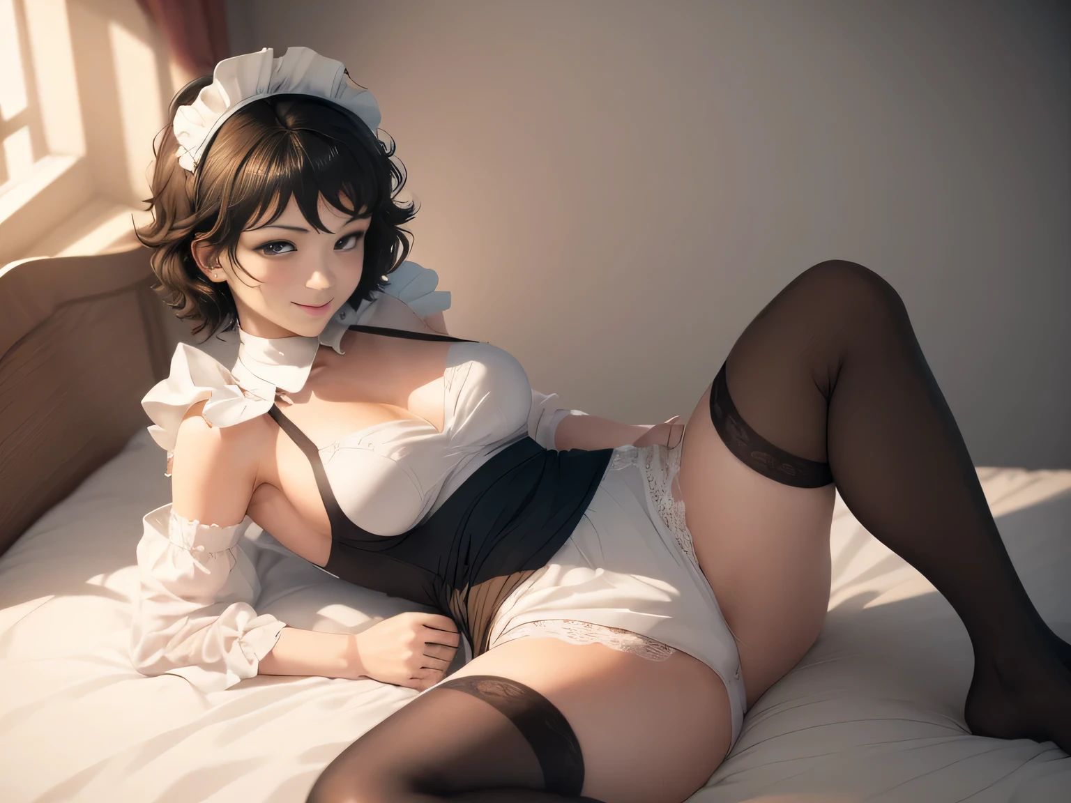 kawakami sadayo, one girl, brown eyes, white background, short hair, extremely detailed, blushing, sweating, wet, ((soft, soft light, gentle)), full body shot, smirk, bed, maid outfit, maid, thighhighs, spread legs, maid