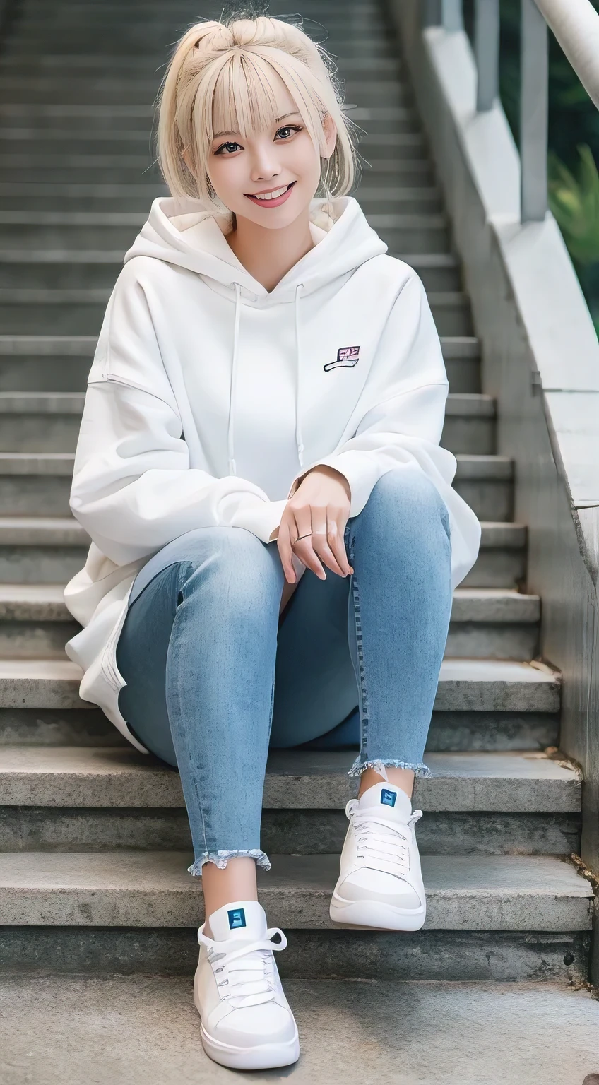highest quality, Realistic, Very detailed, Finer details, High resolution, 8k wallpaper, One beautiful woman,Sit on the stairs、 Oversized hoodie, Skinny jeans, White sneakers,Putting on socks、Platinum Blonde Hair, hairstyle semi long、Beautiful Bangs、ear piercing、smile、Beautiful teeth alignment、Perfect dynamic composition, Beautiful and detailed, Full Body Shot, A big smile