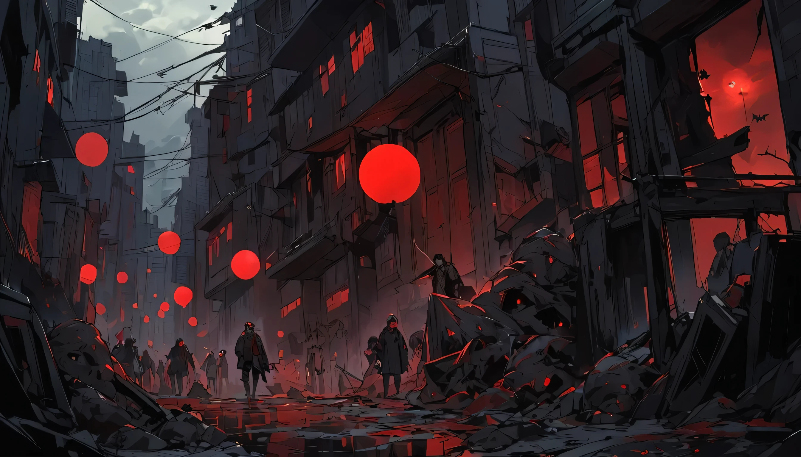 a man with red eyes and black hair, A haunting scene of an urban city in the throes of a zombie apocalypse, A horde of wandering, disheveled zombies shamble along the cracked and damaged city roads, their faces distorted in grotesque expressions. The sky overhead is eerily blood red, casting a sinister hue over the scene, while a blood red moon looms large and ominous in the sky, The atmosphere is tense and foreboding, with a sense of impending doom
