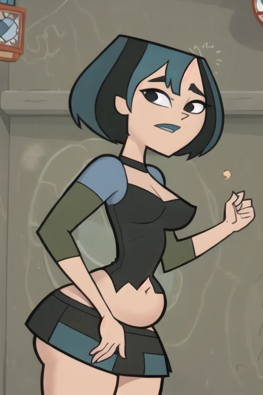 (8k, RAW photo, best quality, masterpiece:1.2), (intricate details), perfect eyes, perfect face, perfect lighting, beautiful, (masterpiece:1.2), (best quality:1.2), 1girl, cartoon style, gwentdi, solo, black eyes, face portrait, look at the viewer, potbelly, plump, chubby, big belly, chubby belly rolls, belly hang, miniskirt, exposed navel, side profile, butt