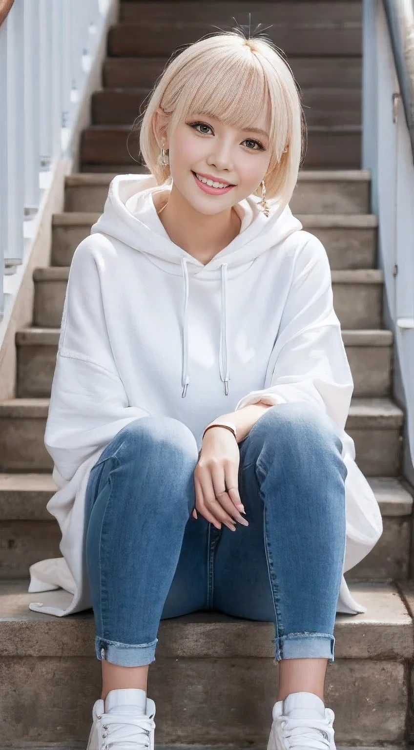 highest quality, Realistic, Very detailed, Finer details, High resolution, 8k wallpaper, One beautiful woman,Sit on the stairs、 Oversized hoodie, Skinny jeans, White sneakers,Putting on socks、Platinum Blonde Hair, hairstyle semi long、Beautiful Bangs、ear piercing、smile、Beautiful teeth alignment、Perfect dynamic composition, Beautiful and detailed, Full Body Shot, A big smile
