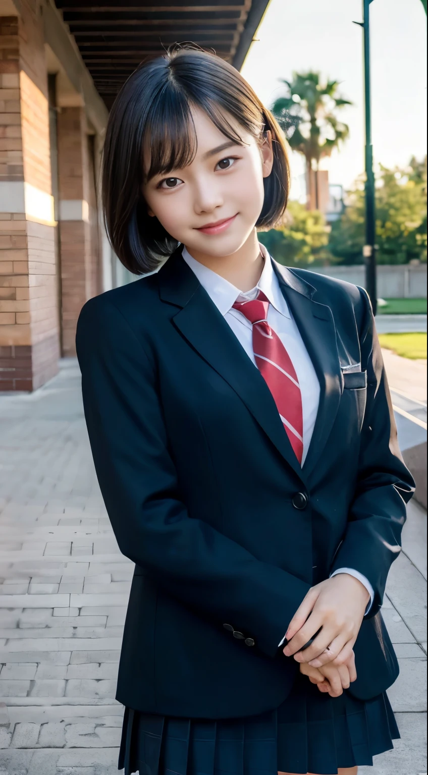 (highest quality,8K quality,masterpiece:1.3),(Ultra-high resolution,Photorealistic:1.4,RAW Photos),(Very detailed,Caustics,Detailed Background),(Ultra-Realistic Capture,Beautiful and detailed skin,Perfect Anatomy),high school student、At dusk,Sunset sky,School building,Schoolyard,18-year-old,cute,single eyelid,Black short bob,School Blazer Uniform,Looking at the camera,Laughter,Bust up shot,Natural soft light