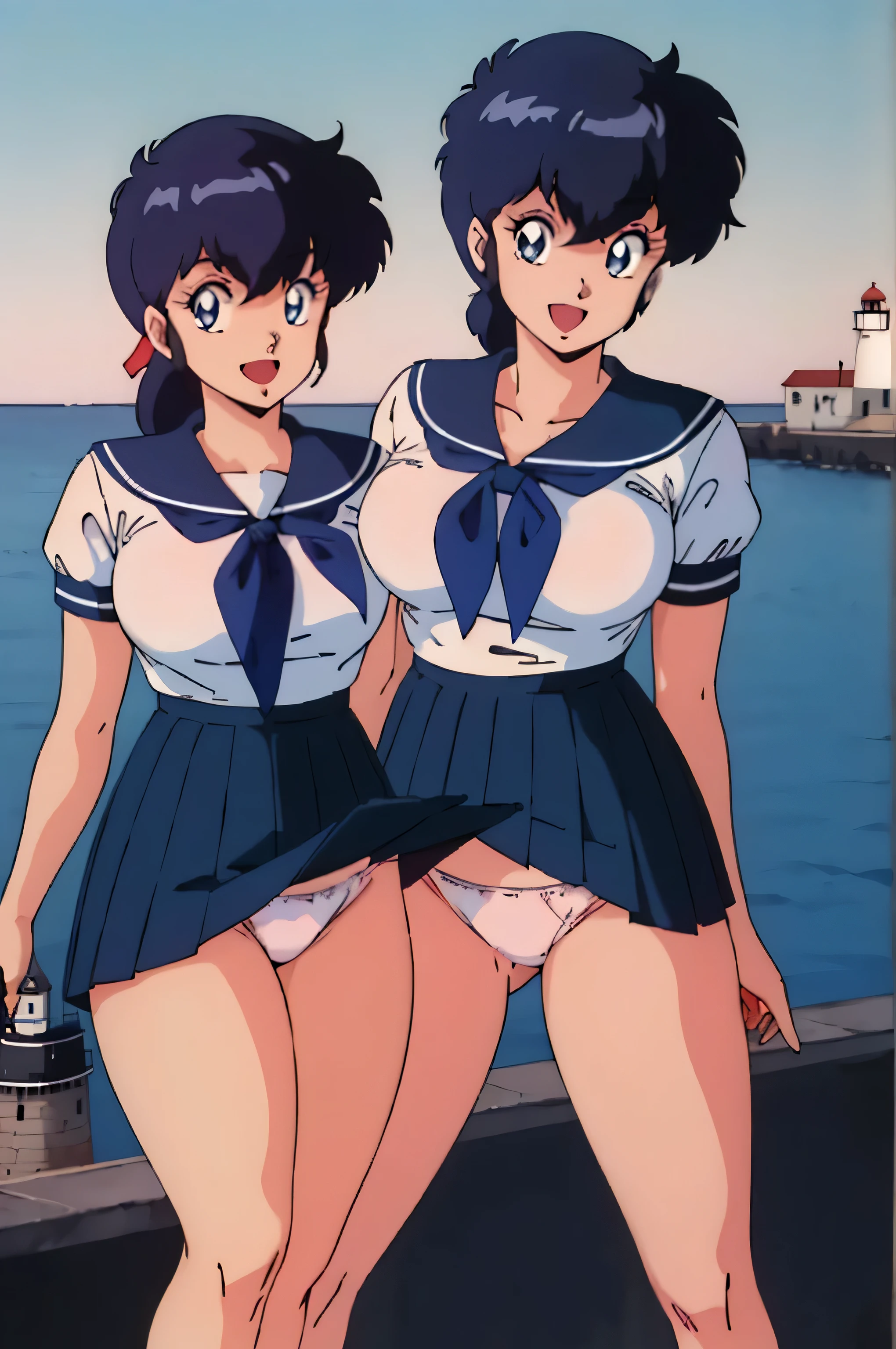 (Anime stuff, Retro art style, Clean brush strokes, Very detailed, Perfect Anatomy, Browsing Caution), (Harbor background, Breakwater, Lighthouse), (miki, One girl), 1 Girl, Eyebrows visible through hair, bangs, Black Hair, Short Ponytail, Hair clip with ribbon, (blue eyes, Beautiful and detailed:1.2), Looking at the audience, Open your mouth (smile:1.5), (Are standing, Spread your legs), (Beautiful body, smooth curve, Perfect figure), (Over the school uniform), (Large Breasts:1.2, A taut shape), (School uniform short skirt), Wear your skirt a little lower, I can see her panties:1.1,