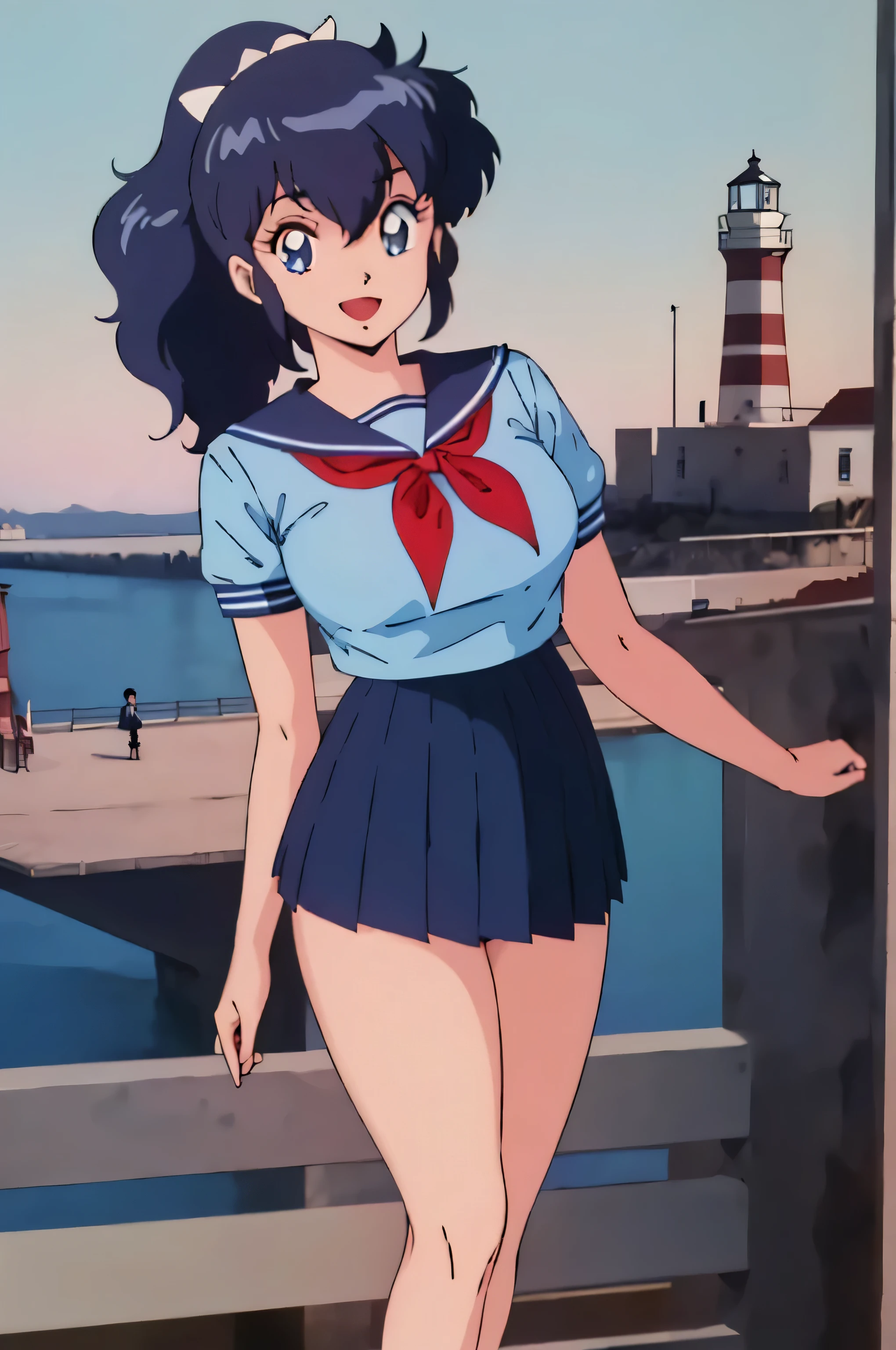 (Anime stuff, Retro art style, Clean brush strokes, Very detailed, Perfect Anatomy, Browsing Caution), (Harbor background, Breakwater, Lighthouse), (miki, One girl), 1 Girl, Eyebrows visible through hair, bangs, Black Hair, Short Ponytail, Hair clip with ribbon, (blue eyes, Beautiful and detailed:1.2), Looking at the audience, Open your mouth (smile:1.5), (Are standing, Spread your legs), (Beautiful body, smooth curve, Perfect figure), (Over the school uniform), (Large Breasts:1.2, A taut shape), (School uniform short skirt), Wear your skirt a little lower, I can see her panties:1.1, 