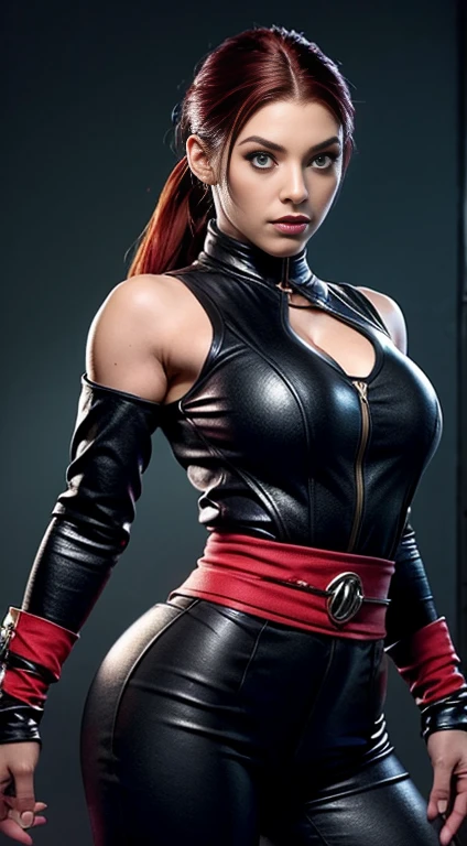 Guerreira, mulher ocidental, mulher bonita, mulher jovem, mulher branca, Branco_Woman, mulher de cabelo vermelho longo, cabelo solto, red_hair, cinza_olho, Black ninja clothes with silver accessories, cobrindo a barriga, roupa delicada, peitos grandes, Estilo Mortal Kombat, Personagem de Mortal Kombat, realista, 1girl, jardim de fundo