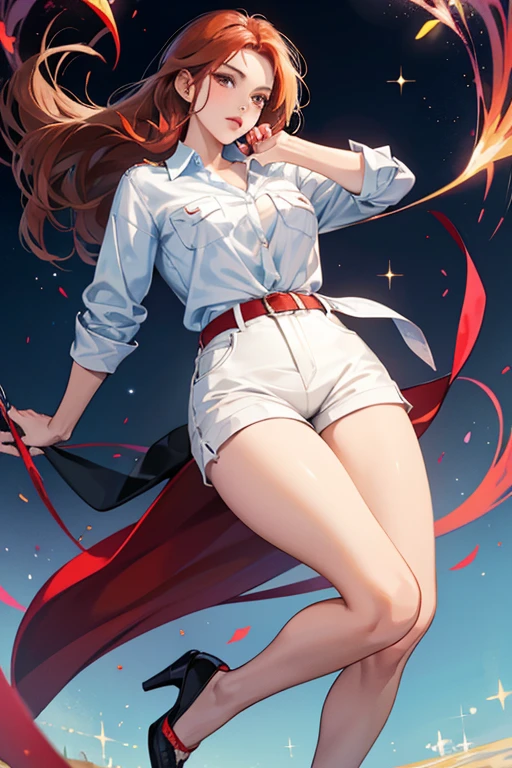 Katarina has long light auburn hair, plump lips and tanned skin. is a light blue button-up shirt tied at the hem to expose some of her midsection paired with white shorts, a thin black belt, and matching black slingback heels with a red flower on the outer side of the ankle of each. SPARKLE; GLITTER