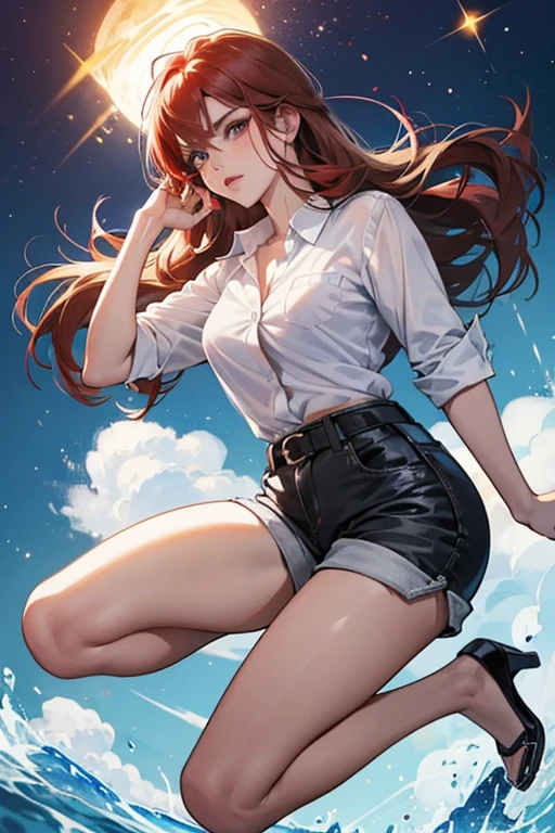 Katarina has long light auburn hair, plump lips and tanned skin.  is a light blue button-up shirt tied at the hem to expose some of her midsection paired with white shorts, a thin black belt, and matching black slingback heels with a red flower on the outer side of the ankle of each. SPARKLE; GLITTER