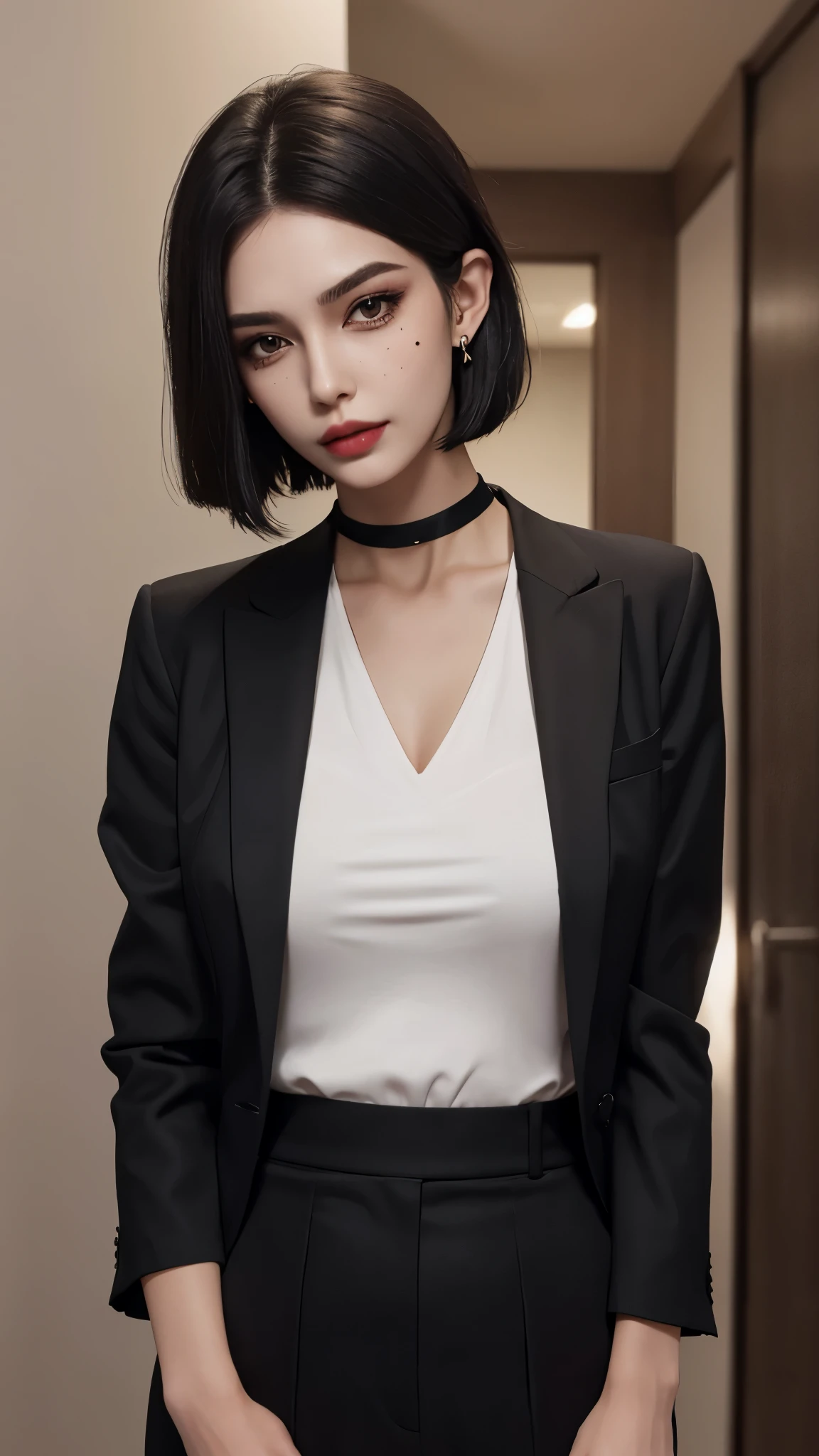 Mature young woman，Tight business suit，Slim waist, wide hips，Sandals，There are moles at the corners of the mouth，Mole at the corner of the eye on the face，Smoky makeup，Heavy makeup，Dark eyeshadow，short ear-length hair，ear jewelry，choker necklace，There'There'There's a lot of sticky water on my face，Very sticky water sticks to hair，Very wide open mouth，Stick out your tongue，saliva runs down the tongue，