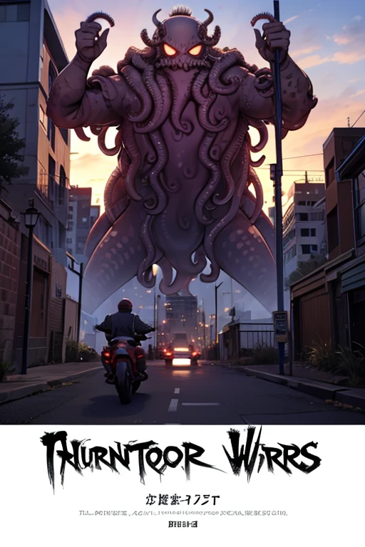 A spider with octopus tentacles and an Eye just atop a tentacle on its giant head is attacking the city where the age warriors are training..