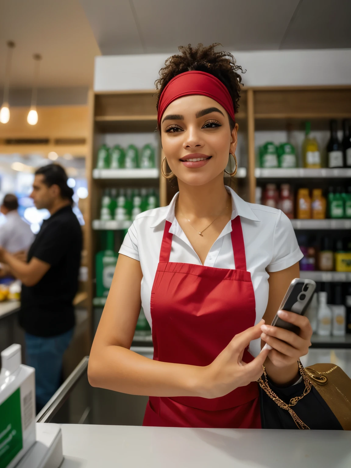 mulher arafa de avental vermelho segurando um celular na frente de um homem, on the counter, clientes, Bottom Angle, em um fundo escuro, looking at the camera, Divertindo-se, um plano amplo e completo, tiro por cima do ombro, parado em um restaurante, interesting angle, imagem impressionante, at checkout, visual deslumbrante, medium close-up, cliente