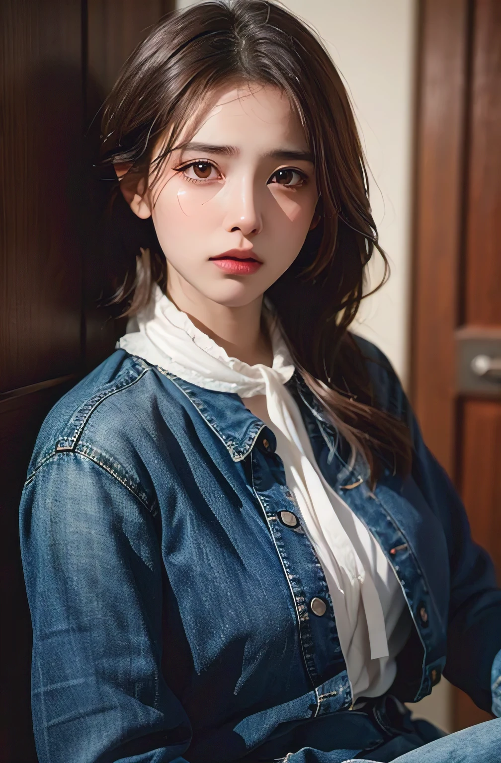highest quality, masterpiece, Ultra-high resolution, (Realistic: 1.4), Original photo, (Real skin texture: 1.3), (Film Grain: 1.3), Panorama, Portraiture, Very wide-angle lens, Tight waist, Denim Lenses, (In the Dark, Deep Shadow, low posture, Cold Light,) night, close, tears,
indoor, Dust, Tyndall effect, sorrow, disappointment, dark (Performance), Sitting, (Against the wall), Are crying, Frowning, (Look down), Tension, tears, Lonely,
1 girl, Beautiful eyes and facial details, White Jabot, Pink Dark V, Brown eyes,