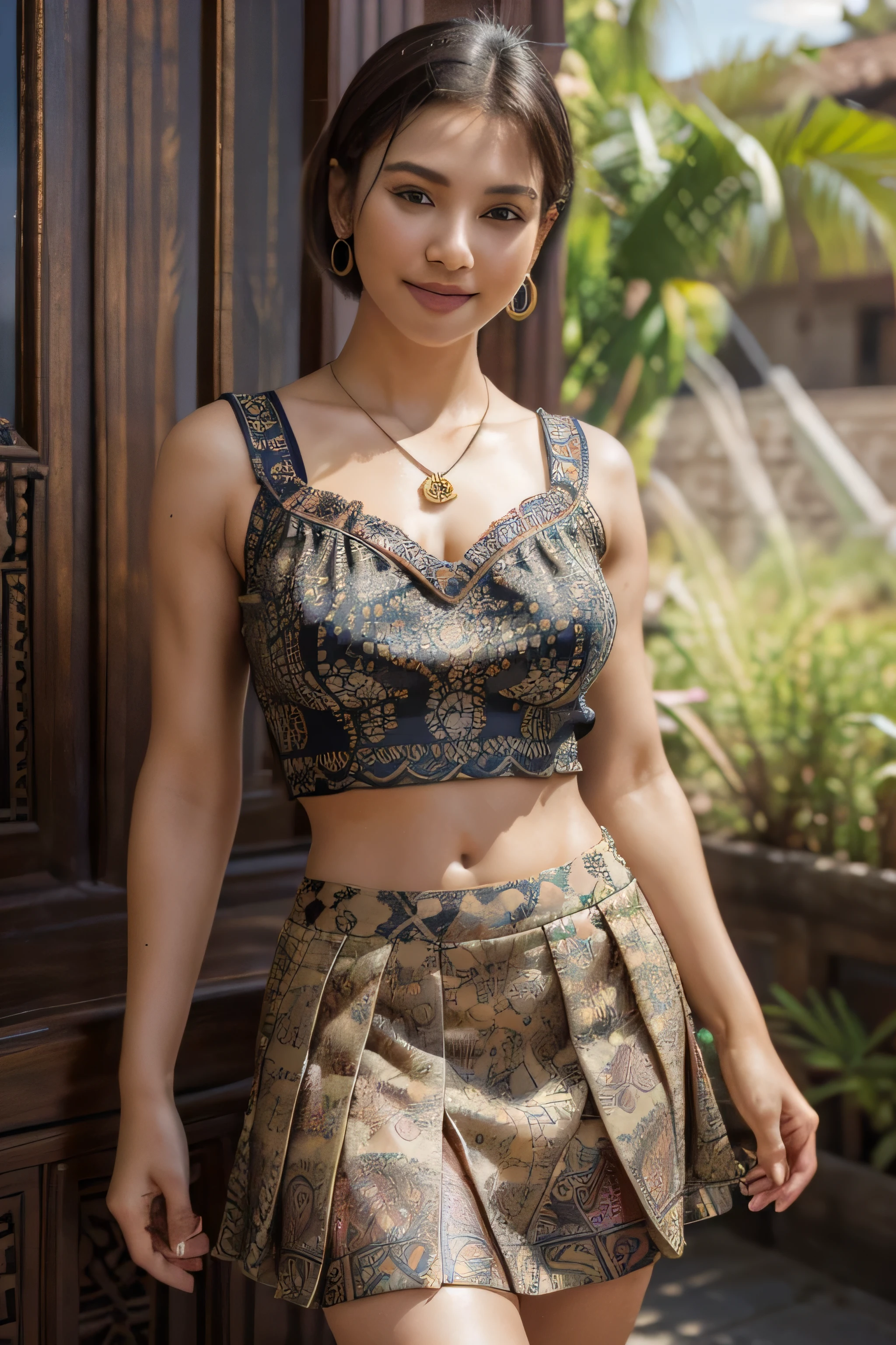(realistic:1.3), insane detailed, quality, (masterpiece:1.2), (photorealistic:1.2), (best quality), (detailed skin:1.3), (intricate details), ray tracing, ((half body)), (((1 hot girl))), (((1 person))), 20 years old, short hair, smile, dress, (skirt with pattern), color contrast between the dress and the skirt, skirt pattern, earrings, necklace, Javanese ornament, nature, (blurred background)