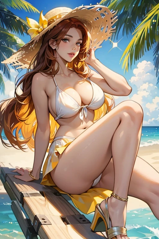 Katarina has long light auburn hair, plump lips and tanned skin. she wears a revealing light yellow cocktail dress, with a long, plunging v-neck revealing a white bikini top underneath, and light yellow open-toed high heels. She also wears a summer hat on her head. SPARKLE; GLITTER