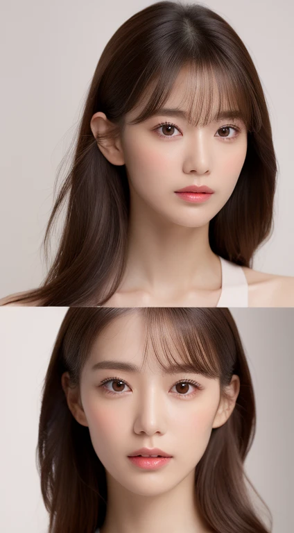 1 Female, Close-up of face, Medium chest, Light brown hair, Blunt bangs, Hair behind the ear, Hair that falls over the shoulders, Long Hair, Slim figure, Ultra Fine Face, Thin face, Delicate lips, Beautiful Eyes, Light blush, eyes are light brown,Have a look at this, Ultra-thin needle, Very thin fingers, The optimal ratio is four fingers to one thumb, (Realistic:1.3), Super Detail, high quality, 最high quality, High resolution,underwear