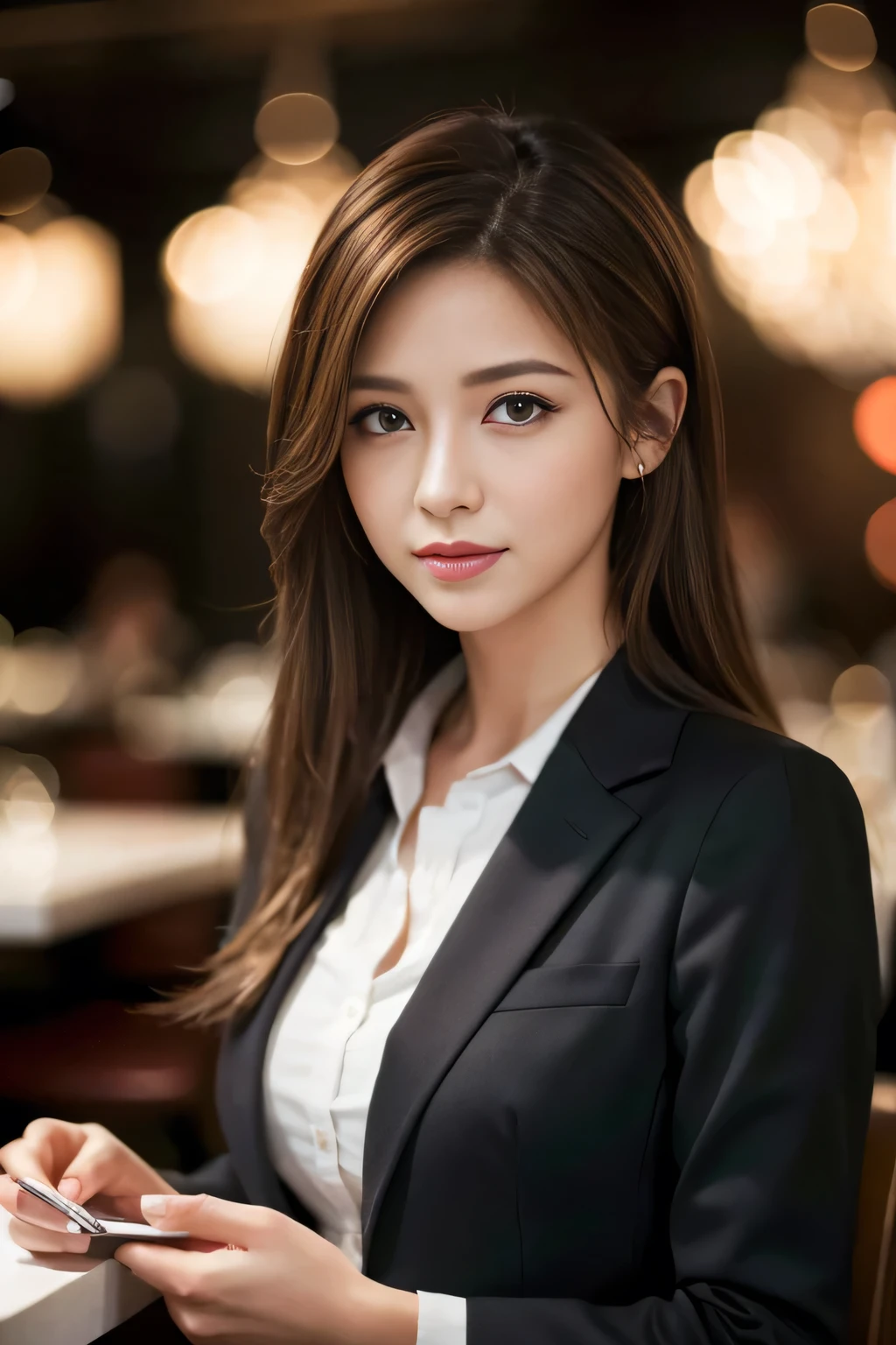 masterpiece, highest quality, Realistic, Very detailed, Finer details, High resolution, 8k wallpaper, One beautiful woman, Wear casual business attire, In a great restaurant, At night, Light brown messy hair, Perfect dynamic composition, Beautiful and beautiful eyes