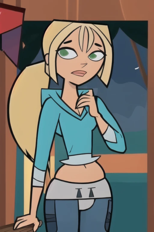 (8k, RAW photo, best quality, masterpiece:1.2), (intricate details), perfect eyes, perfect face, perfect lighting, beautiful, (masterpiece:1.2), (best quality:1.2), 1girl, solo, bridgette, slim body, green eyes, blonde, potbelly