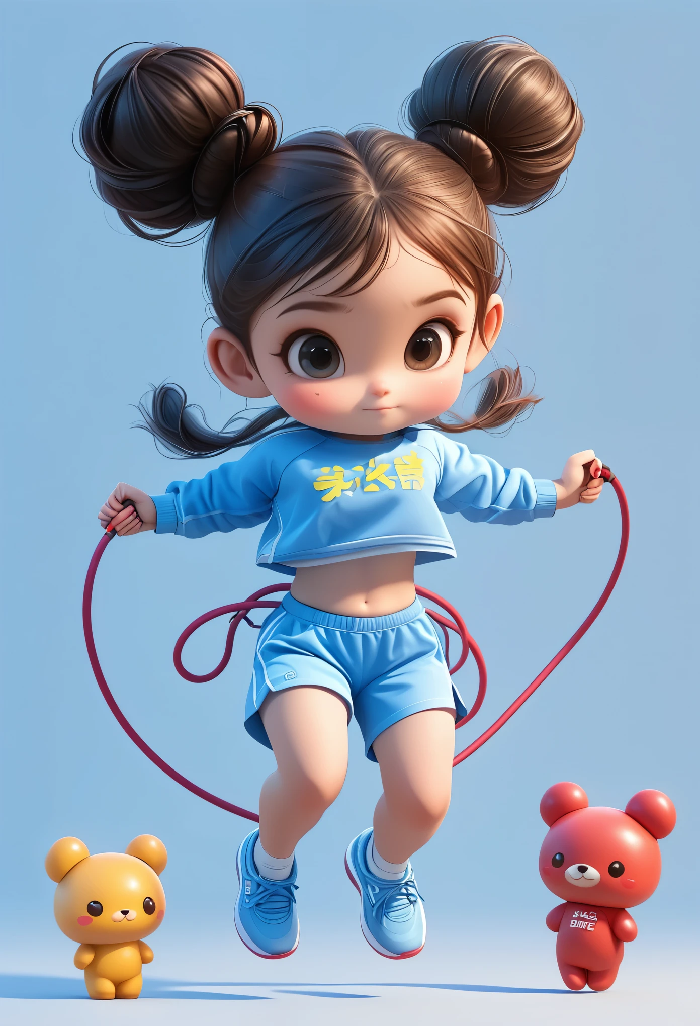 3D，1 Girl，2 buns，jump rope，Sportswear Set，Cartoon Style