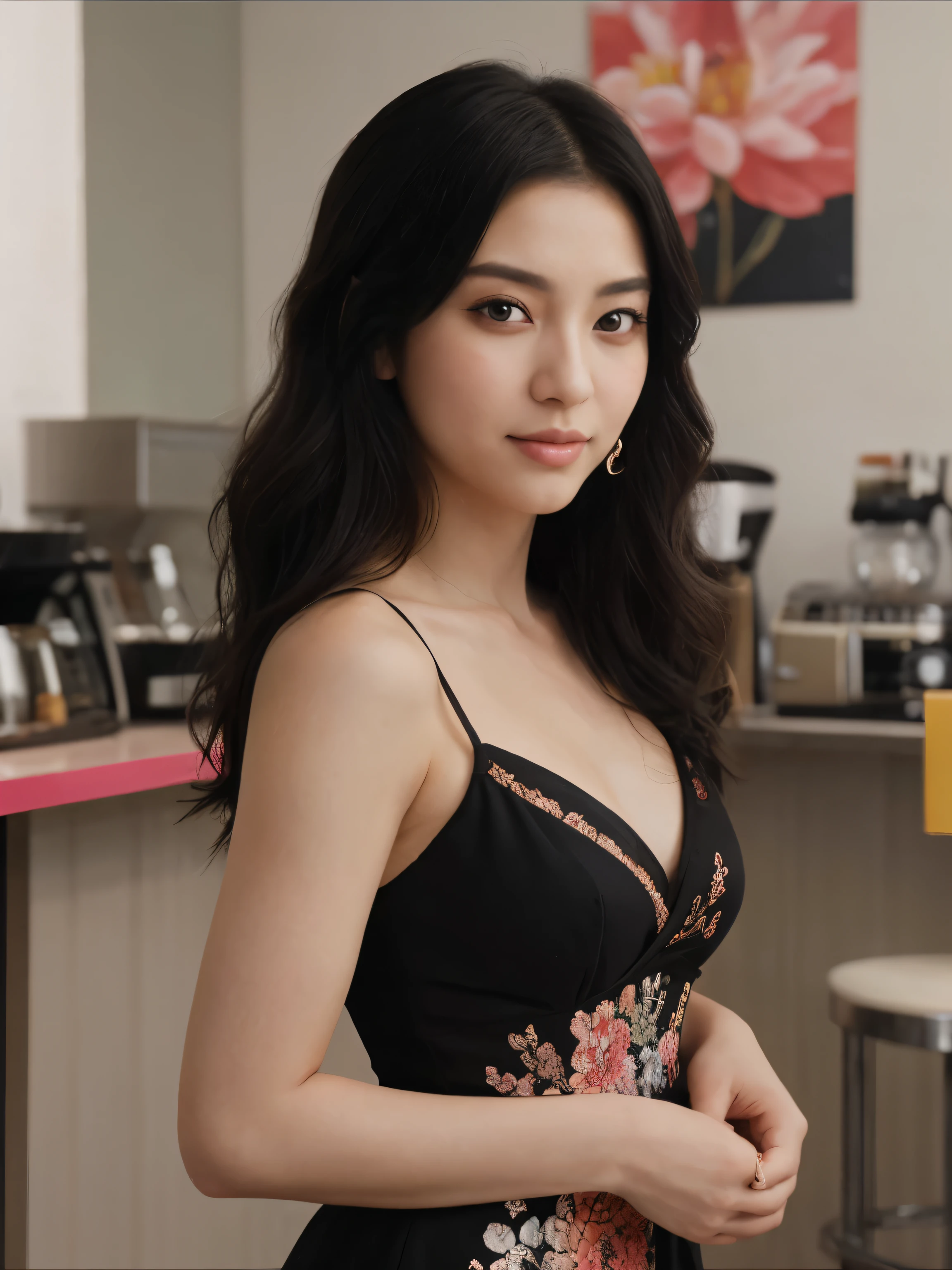 An exquisite portrayal in the Japanese anime style, showcasing a captivating girl with lustrous black hair adorned in a vibrant, colorful dress. Her elegant demeanor is beautifully captured, exuding grace and allure. The illustration boasts ultra-high-definition graphics, with every intricate detail meticulously rendered to perfection. cafe backgrround