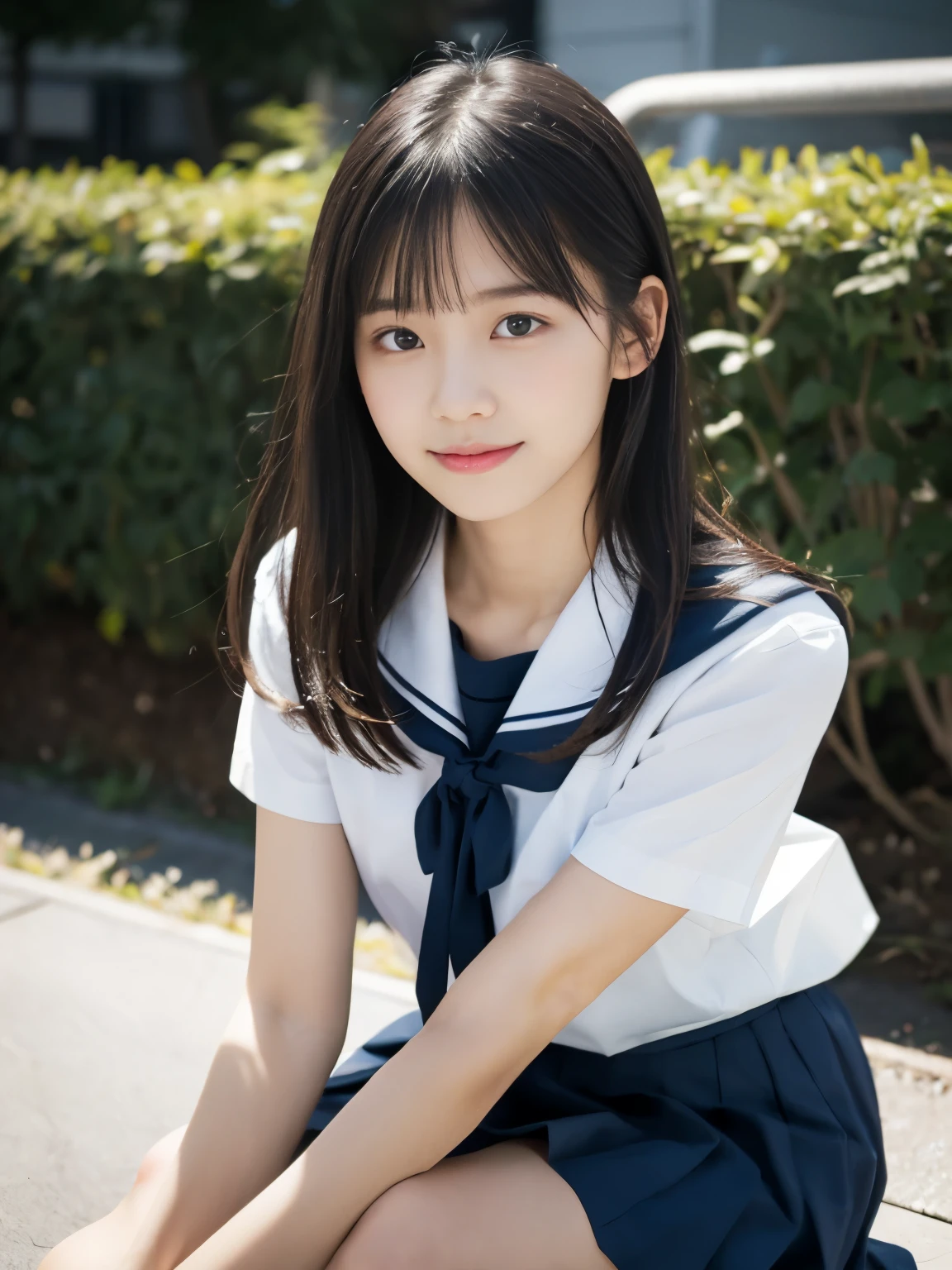masterpiece, highest quality, 8K, 15 years old , RAW photo, disorganized, award-winning portraits, alone, noon, idol face, delicate face, Digital single-lens reflex camera, looking at the viewer, shy smile、shame、flushed cheeks、thin arms, small breasts, nipples, small ass、thin waist、Frank, Sophisticated, like々New, thin arms, professional lighting, film grain, black eyes, chromatic aberration, (detailed eyes and face:1.0), (Bokeh:1.1),(hyper pretty face:1.2)、(beauty new face:1.2),Japan Traditional High School Uniforms, (white short sleeve sailor uniform, dark blue mini pleated skirt:1.2), Black Hair, Middle straight hair, bangs, (Japanese), squat, above the knee, angle from the below