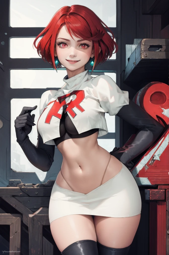 pyradef, earrings, red eyes, red hair, short hair, 
Team rocket, team rocket uniform, red letter R, white skirt,white crop top,black thigh-high boots, black elbow gloves, evil smile, earrings, large breasts, sexy pose