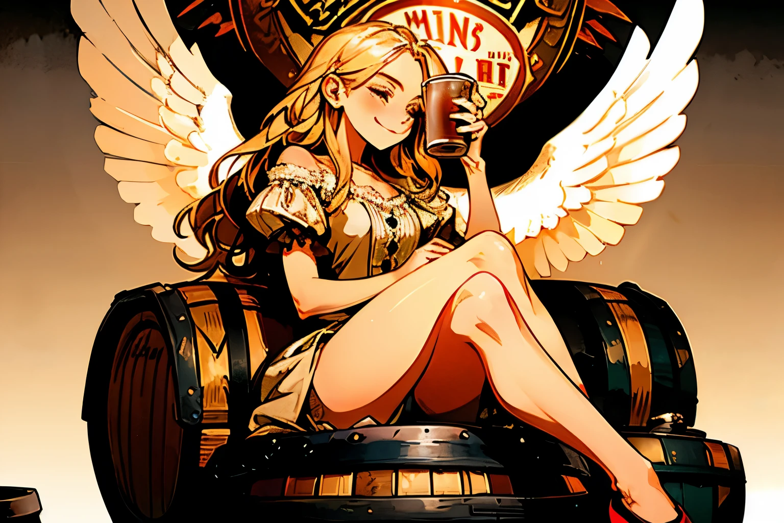 Top quality, a woman with long blonde hair sitting on a barrel with her legs crossed and her mouth wide open, smiling, large angel wings on her back, a large mug full of beer in her hand, an old-fashioned bar in the background