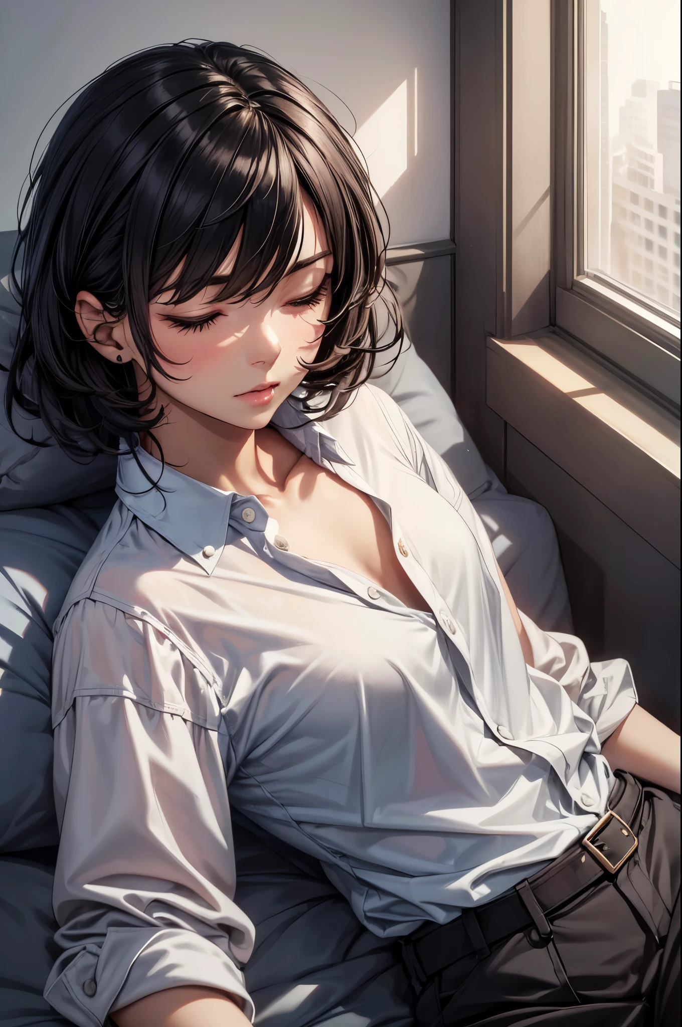 (Very detailed, Realistic), Hospital scene, [Moderate:oil], [Professional:1.1], [Physically Based Rendering], [Vibrant colors], [Sharp focus], [Studio Lighting], [Very detailed説明], [highest quality,4K,8k,expensiveres,masterpiece:1.2],(Focus on the upper body),Inside the house,Inside the room,18-year-old boy,Femboy,trap,(Short black hair),(dark), [Tensed eyes],(expensive ,blouse,slacks),((Sleeping on a reclining bed))