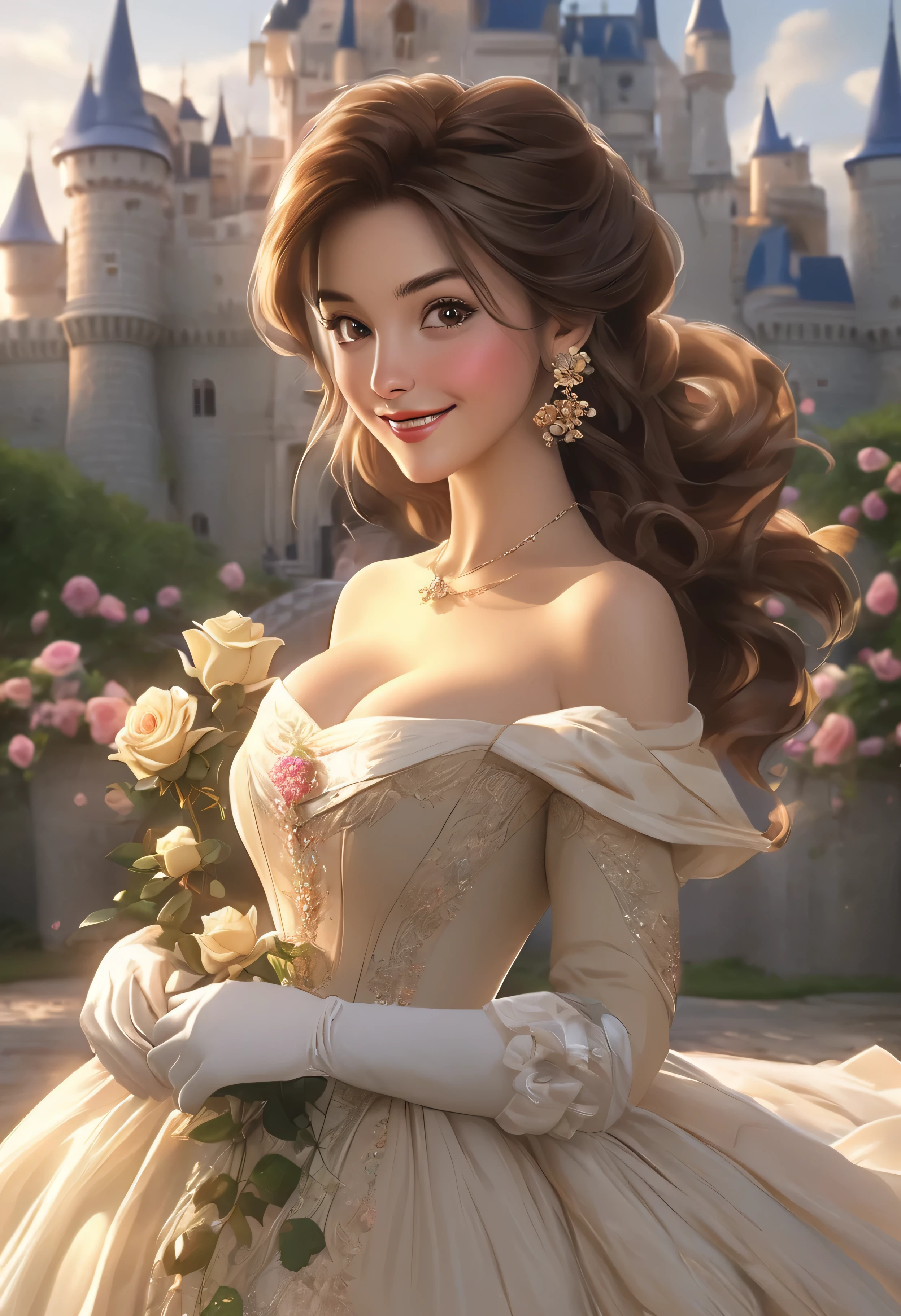 (masterpiece:1.2), (best quality), (ultra detailed), (8k, 4k, intricate),(full-body-shot:1.2),(highly detailed:1.2),(detailed face:1.2), (detailed background),detailed landscape, ((portrait)), (dynamic pose:1.2),belle 1girl, solo, breasts, smile, brown hair, gloves, dress, cleavage, bare shoulders, brown eyes, jewelry, medium breasts, flower, earrings, elbow gloves, makeup, rose, yellow dress,castle background
INFO
