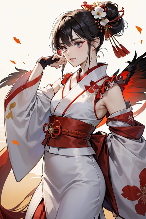 Kazumi is a woman with dark hair that is pinned up into a large bun, pointed bangs, and two locks of hair tied with red bows on the left and right sides of her head. Kazumi wears a large white kimono with the material crossed right side over left, in the fashion that is reserved for the dead. She has red tasuki tied around each of her shoulders over the folded sleeves of her kimono, which is tied at her upper back in a bow. Over this, she wears a gray obi with darker gray, diamond-shaped designs, tied with a red obijime holding a golden insignia shaped like the Mishima Zaibatsu logo at the front. She has an off-white traditional kimono dress with both sleeves of the kimono hanging loose and red bows on the ends of each sleeve connected to two more Mishima Zaibatsu emblems. She also wears elbow-length, white, fingerless gloves with a floral design. These are tied to golden arm guards, with a shell design and small red rope at her wrists and just below her elbow. The interior of her kimono dress is red. She also wears white tabi with the same patterning as her gloves, and black geta with red rope. The back of her hair is pinned up with a kanzashi shaped like a gold crane. SPARKLE; GLITTER