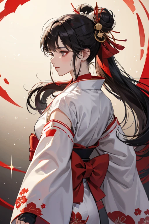 Kazumi is a woman with dark hair that is pinned up into a large bun, pointed bangs, and two locks of hair tied with red bows on the left and right sides of her head. Kazumi wears a large white kimono with the material crossed right side over left, in the fashion that is reserved for the dead. She has red tasuki tied around each of her shoulders over the folded sleeves of her kimono, which is tied at her upper back in a bow. Over this, she wears a gray obi with darker gray, diamond-shaped designs, tied with a red obijime holding a golden insignia shaped like the Mishima Zaibatsu logo at the front. She has an off-white traditional kimono dress with both sleeves of the kimono hanging loose and red bows on the ends of each sleeve connected to two more Mishima Zaibatsu emblems. She also wears elbow-length, white, fingerless gloves with a floral design. These are tied to golden arm guards, with a shell design and small red rope at her wrists and just below her elbow. The interior of her kimono dress is red. She also wears white tabi with the same patterning as her gloves, and black geta with red rope. The back of her hair is pinned up with a kanzashi shaped like a gold crane. SPARKLE; GLITTER