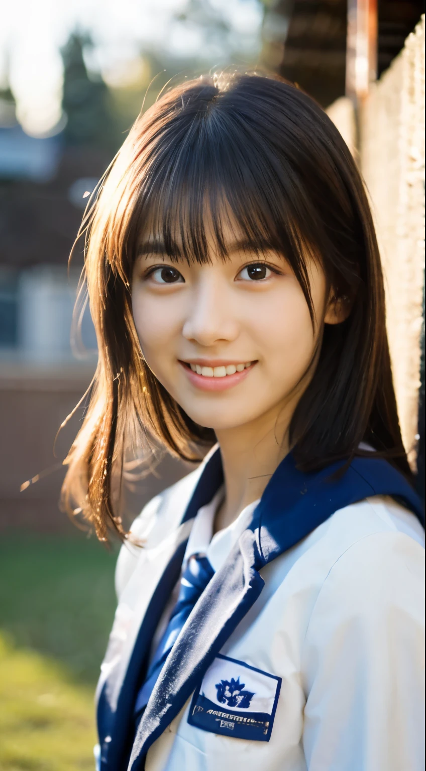 (highest quality,8K quality,masterpiece:1.3),(Ultra-high resolution,Photorealistic:1.4,RAW Photos),(Very detailed,Caustics,Detailed Background),(Ultra-Realistic Capture,Beautiful and detailed skin,Perfect Anatomy),high school student、At dusk,Sunset sky,School building,Schoolyard,18-year-old,cute,single eyelid,School Blazer Uniform,Looking at the camera,Laughter,Bust up shot,Natural soft light