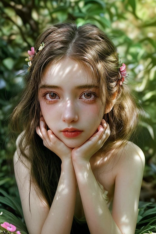 1girl, potrait,lush garden,soft sunlight,vibrant colors,lush foliage,detailed flowers,playful pose,mysterious atmosphere,artistic portrait.