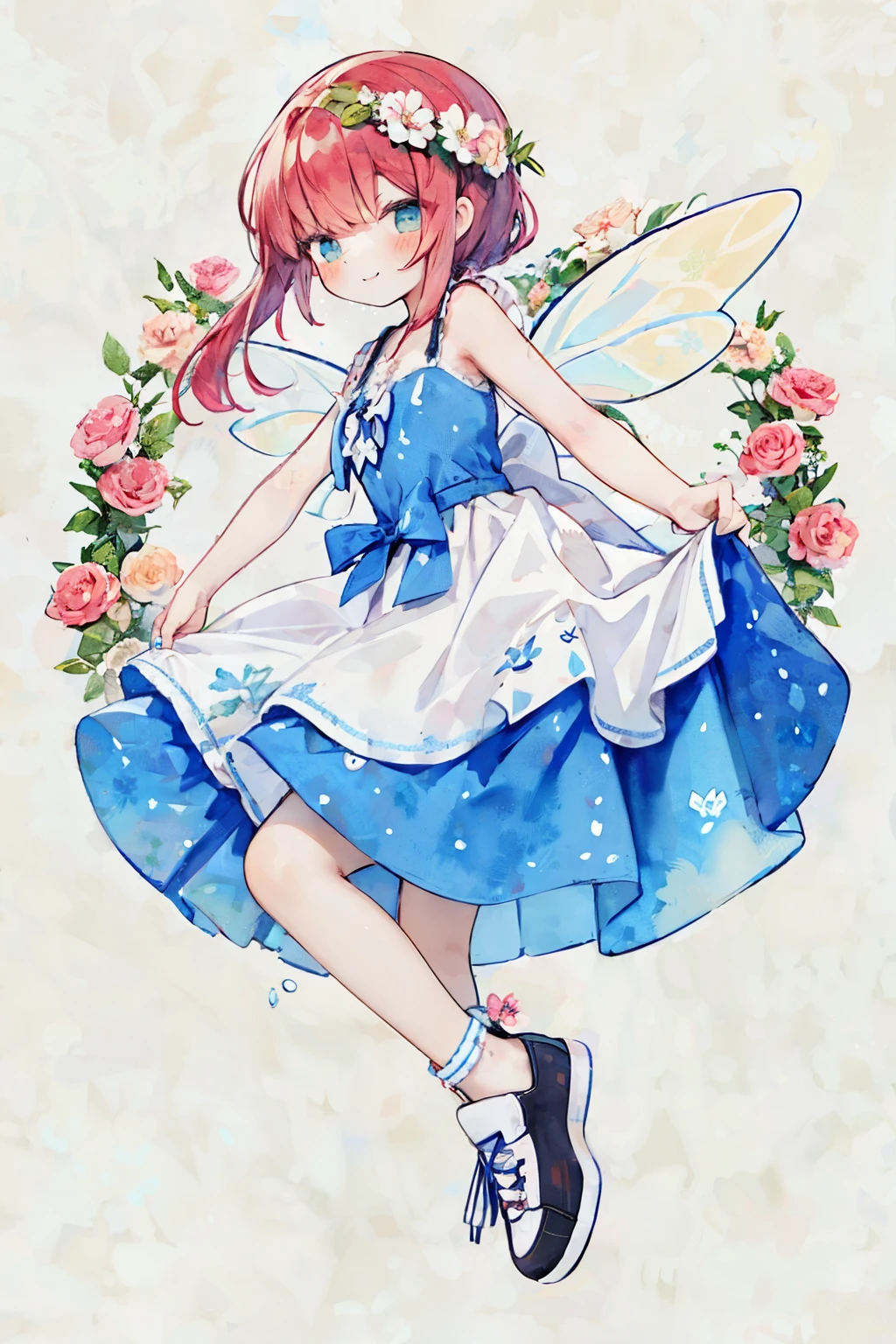 Pastel Watercolor、redhead, 1 girl, Has 4 correct fairy wings on its back、summer👗、ハート型のsummer flowerwreath background:1.0、white, high ponytail、platform sneakers、smile、Up from the side