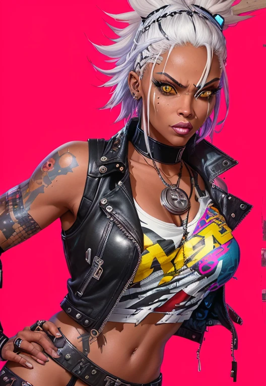 4k, digital drawing, Comic Babes, a woman with white hair and a black top is holding a gun, comicpunk, female diesel punk, X-MEN STORM, tank girl, punk woman, portrait of ororo munroe, in cyberpunk 2077, atomic punk, cliff chiang, punk girl, wolf andrade from apex legends, beautiful angry cyberpunk goddess