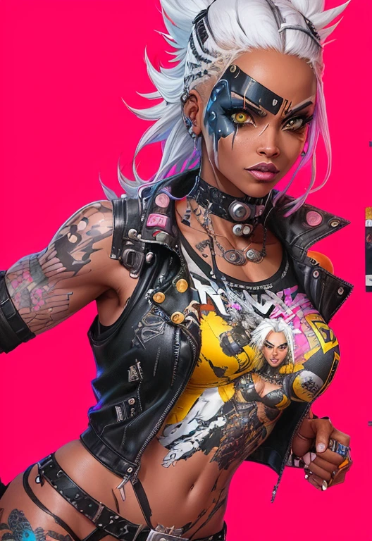 4k, digital drawing, Comic Babes, a woman with white hair and a black top is holding a gun, comicpunk, female diesel punk, X-MEN STORM, tank girl, punk woman, portrait of ororo munroe, in cyberpunk 2077, atomic punk, cliff chiang, punk girl, wolf andrade from apex legends, beautiful angry cyberpunk goddess