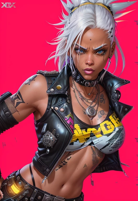 4k, digital drawing, Comic Babes, a woman with white hair and a black top is holding a gun, comicpunk, female diesel punk, X-MEN STORM, tank girl, punk woman, portrait of ororo munroe, in cyberpunk 2077, atomic punk, cliff chiang, punk girl, wolf andrade from apex legends, beautiful angry cyberpunk goddess