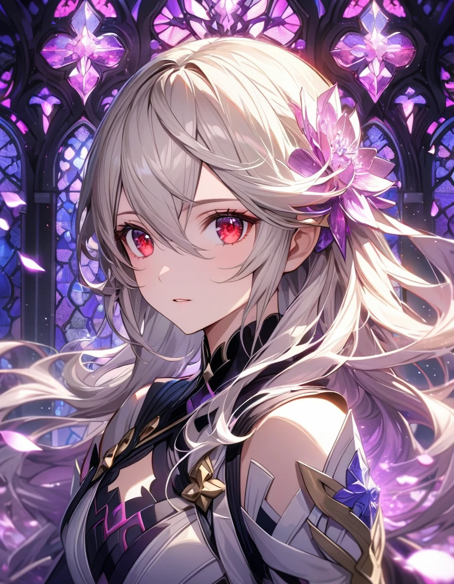Ultra detailed, Highres, absurdres, HDR, Corrin, white long hair, master piece, expressive red eyes, Fire Emblem Fates, purple stained glass, purple ice flowers, purple ice, petals, extremely beautiful, woman, perfect face, solo, very detailed eyes and face, purple glass, glittering, extremely pretty, patterns
